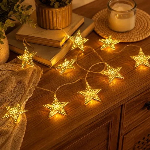 Guirnalda con luces led cálidas con forma de estrellas de metal 2 Mts USB