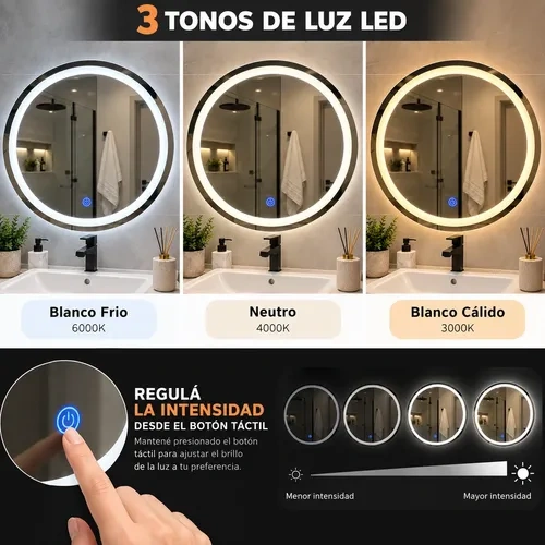 Espejo de pared LED moderno redondo apto baño 55 cm Edu1131 - Imagen 3