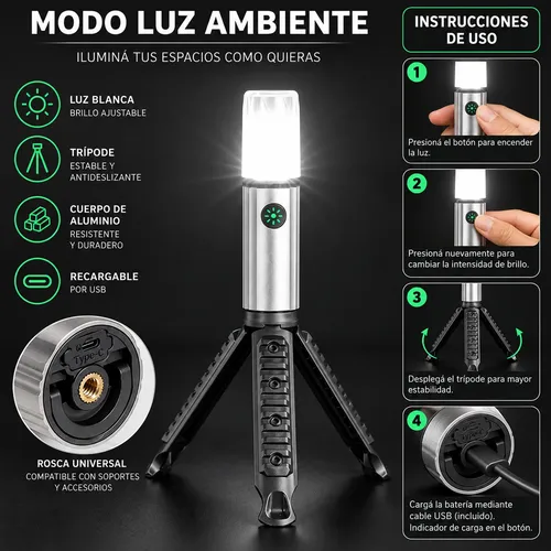 Farol luz linterna LED recargable con trípode camping D46 - Imagen 9
