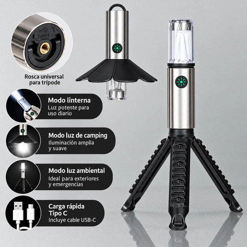 Farol luz linterna LED recargable con trípode camping D46 - Imagen 7