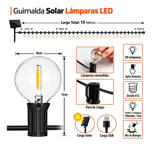Guirnalda Led Con Panel Solar 30 Foquitos 15 Metros Gsl - Imagen 6