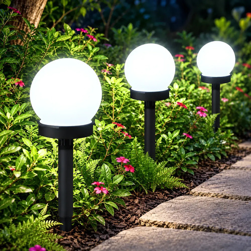Lámparas estacas X3 esferas luz LED solares 10 cm