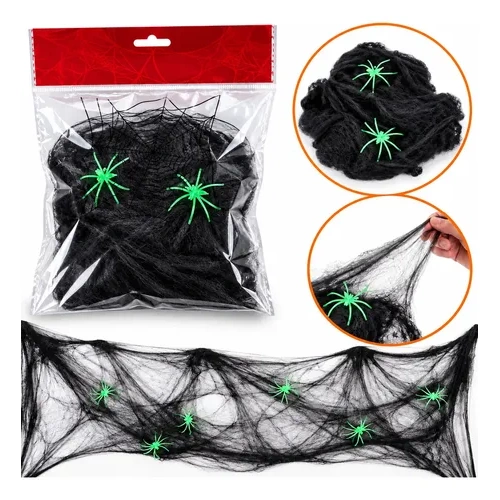 Telaraña Halloween y 2 arañas fluorescentes cotillón para fiesta 01-01
